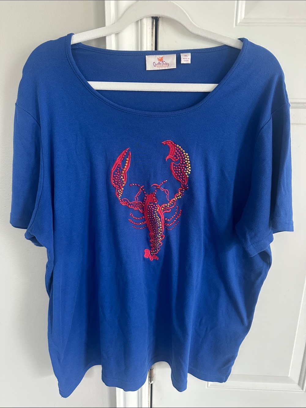 Quacker Factory Bright Blue Tee with Red Embellished Lobster